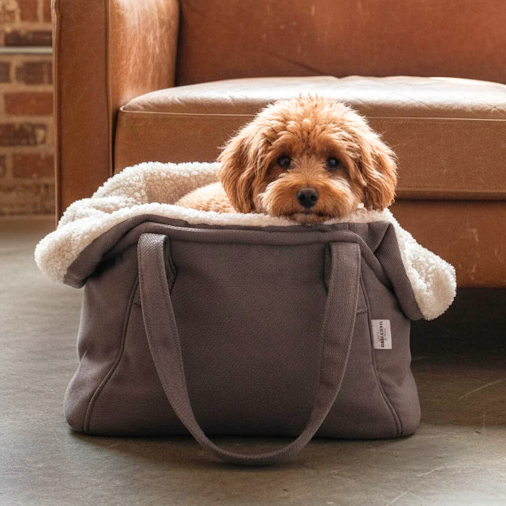 Coco & Pud - Madison Pet Carrier in Stone. A small fluffy tan dog sits in a grey fabric pet carrier bag with a cream sherpa lining- Dogs in The City
