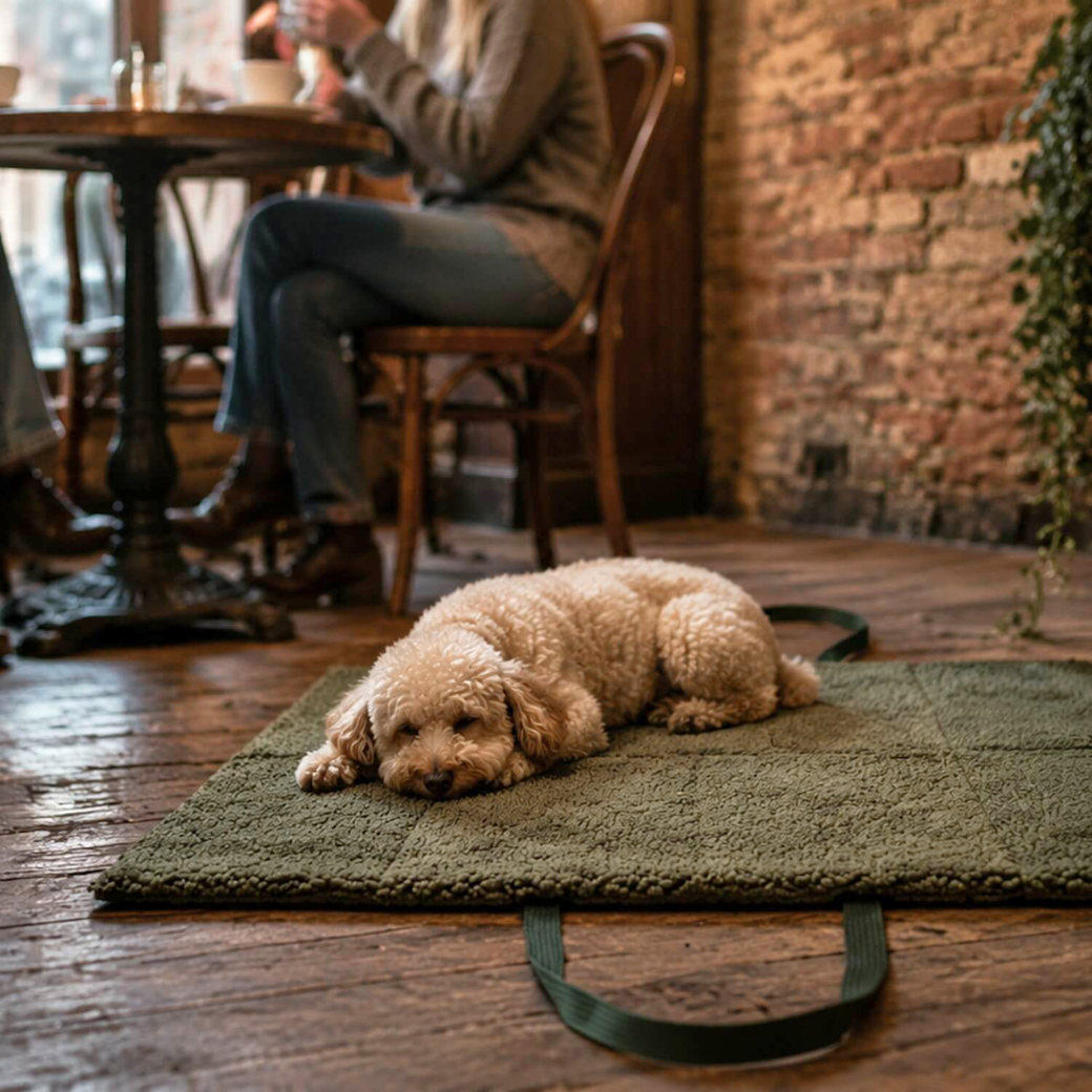 Coco & Pud - Matti Luxury Dog Travel Mat on the floor of a cafe with a Cavoodle dog laying on it - Dogs in the City