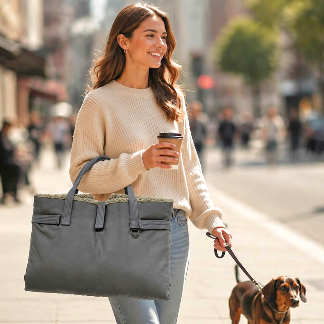 Coco & Pud - Matti Luxury travel Mat for dogs with a woman walking a dachshund on a city street, carrying a large grey folded travel mat a textured soft boucle lining and holding a coffee cup - Dogs in The Cty