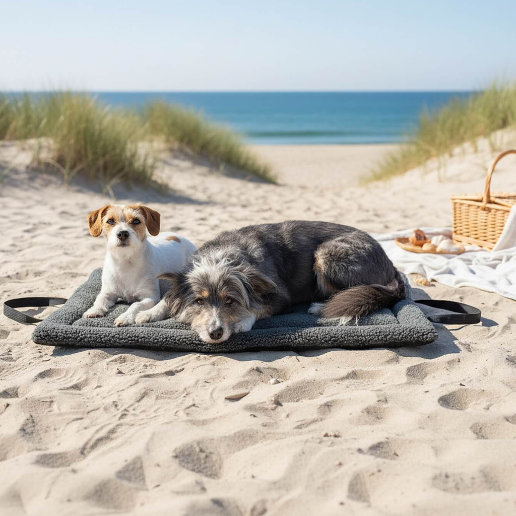 Coco & Pud - Matti Luxury Dog Travel Mat. Two dogs resting on a dark grey travel mat on a sandy beach with the ocean in the background - Dogs in the City