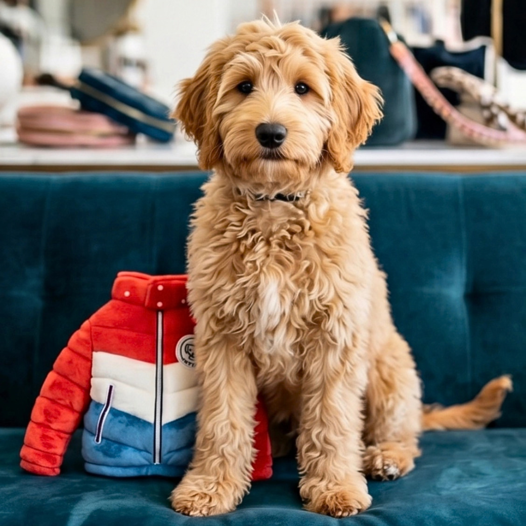 Coco & Pud - A small golden doodle puppy sits on a teal velvet sofa next to a Muttcler Puffer Jacket Plush Dog Toy in red, white, and blue - Haute Diggity Dog