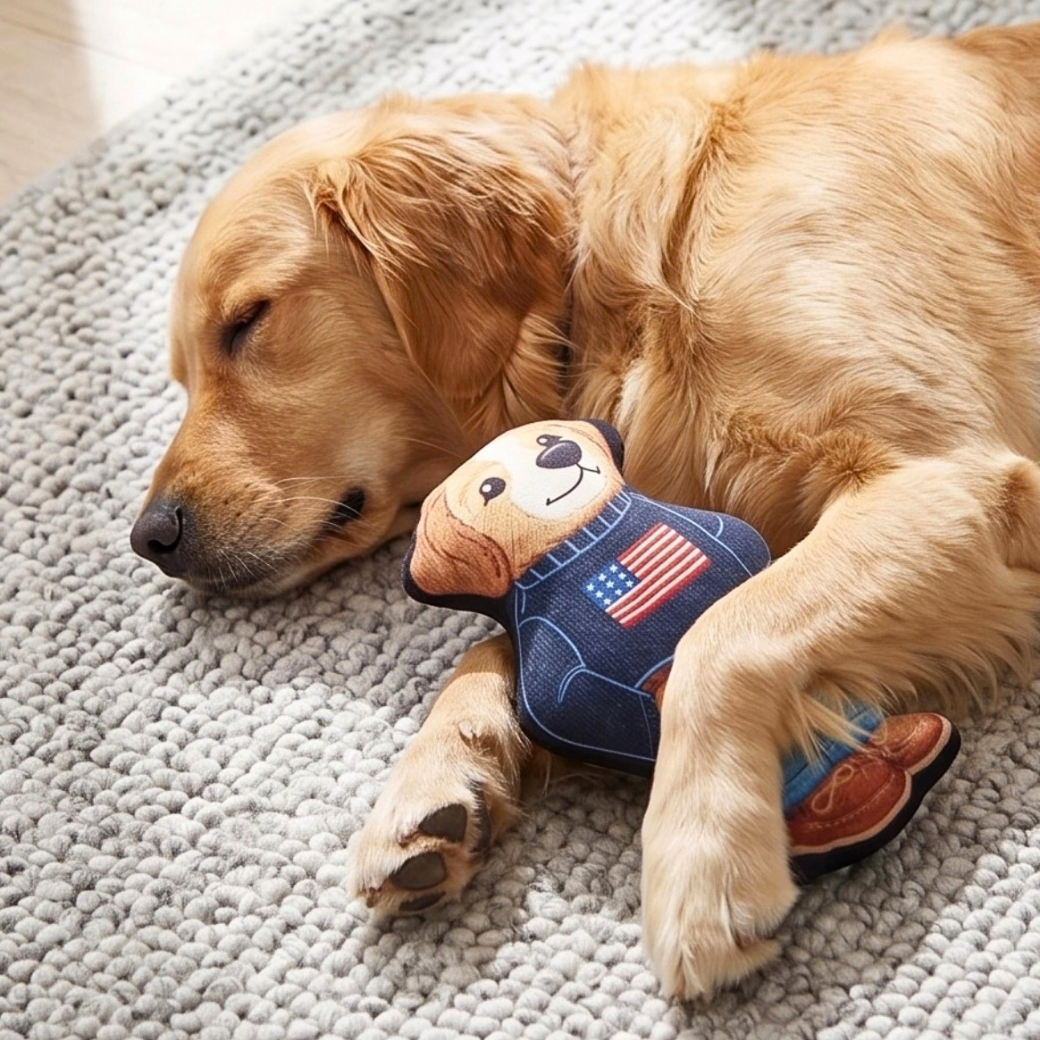 Coco & Pud - Ruff Lauren Teddy Dog Toy with a golden retriever dog sleeping on a textured light grey rug, holding a plush toy wearing a blue denim jacket with an American flag - Haute Diggity Dog