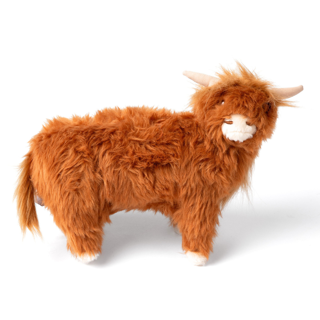 Coco & Pud - Standing Highland Cow dog toy is a fluffy Highland cow plush toy in warm reddish-brown with white horns, muzzle, and hooves - Midlee Designs