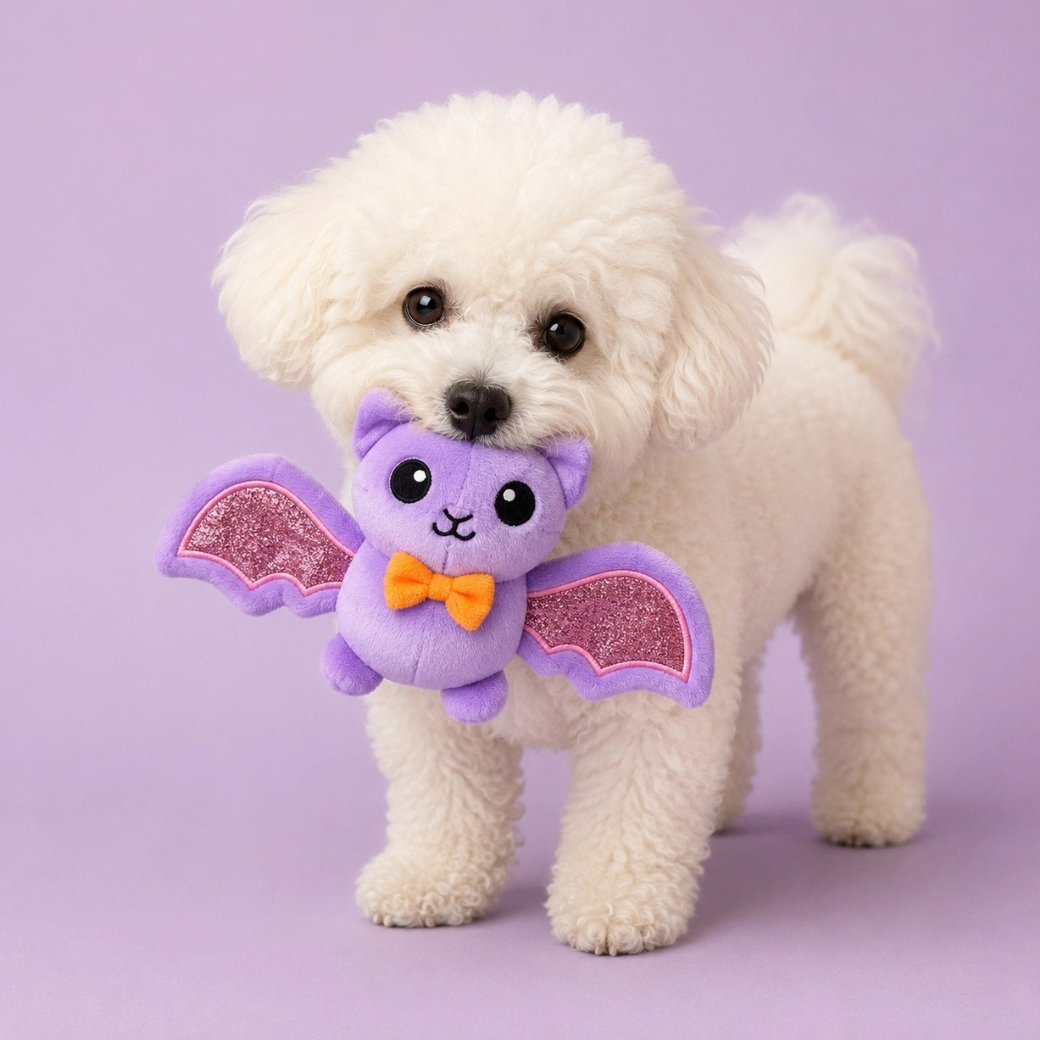 Coco & Pud - A small white fluffy dog stands against a light purple background, holding a purple plush bat dog toy with glittery wings and an orange bow tie in its mouth - Pet London