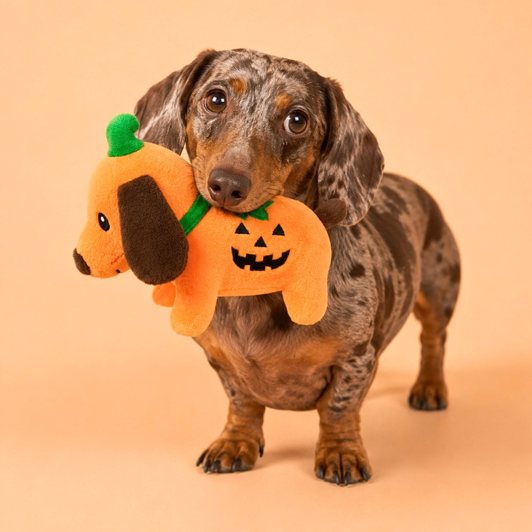 Coco & Pud - Two Spooky Friends Dog Toy- A dachshund dog holds an orange plush pumpkin dog toy in its mouth - Pet London