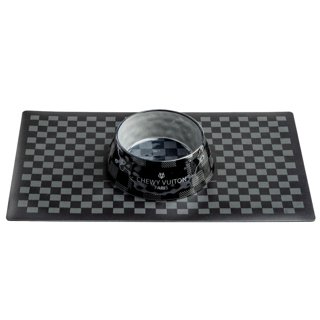 Coco & Pud Black Checker Chewy Vuiton Dog Bowl with matching Placemat- Haute Diggity Dog