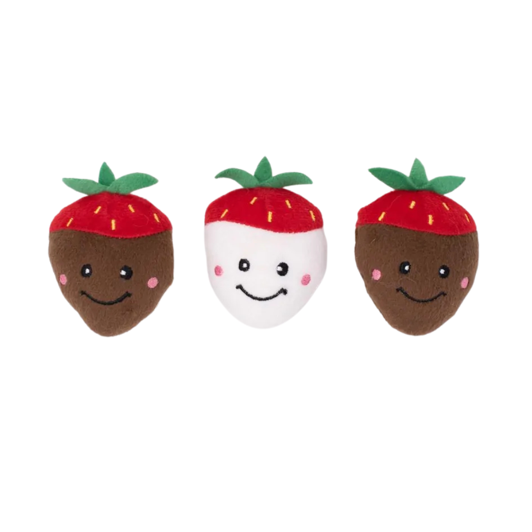 Coco & Pud -Three plush Chocolate Covered Strawberry Valentine's Day dog toys with smiling faces - Zippy Paws