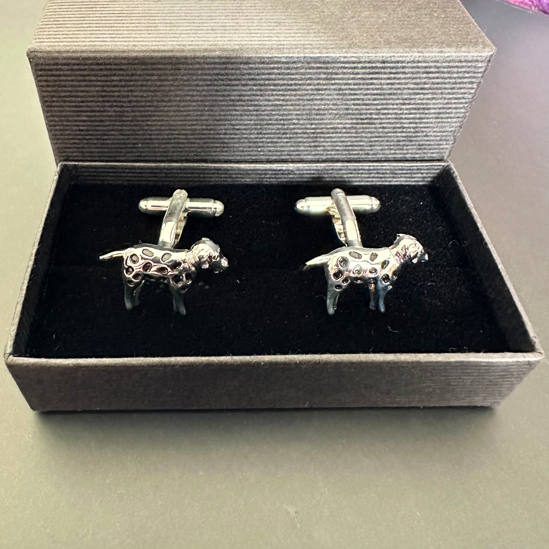 Coco & Pud Dalmatian dog shiny silver men's cufflinks in black box