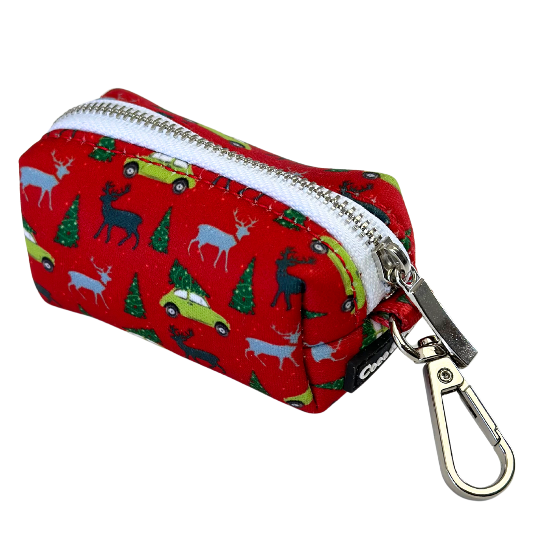 Coco & Pud Deck The Paws Christmas Waste Bag - Christmas red poo bag holder with Christmas Trees, reindeers and cars with Christmas trees on top with