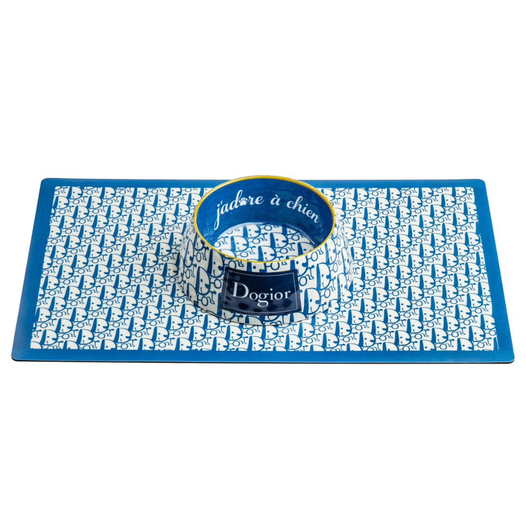 Coco & Pud Dogior Pet Placemat angle view with matching bowl - Haute Diggity Dog