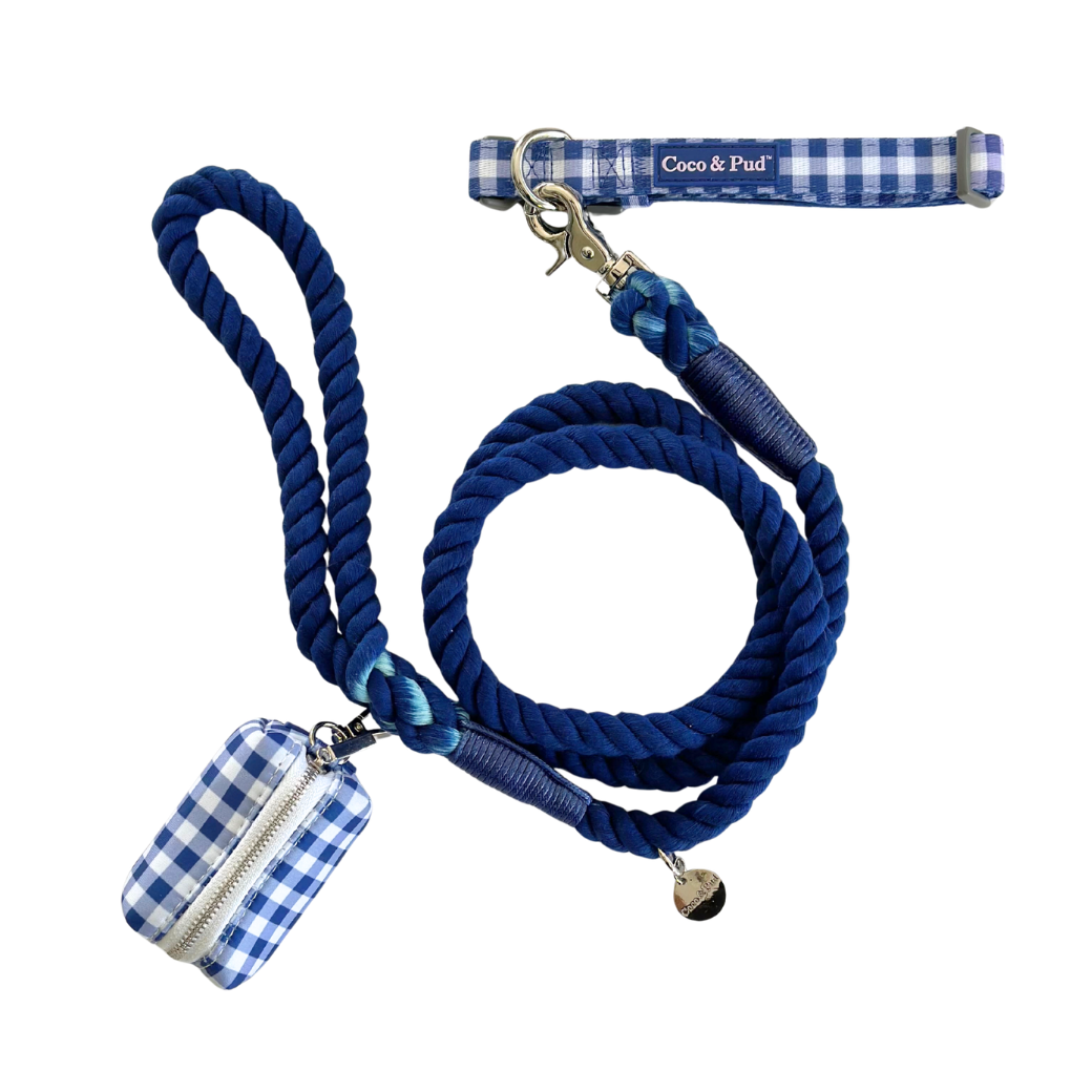 Coco & Pud Gingham Navy Dog Walking Set - A Gingham Navy dog collar, matching waste bag and Navy rope dog lead
