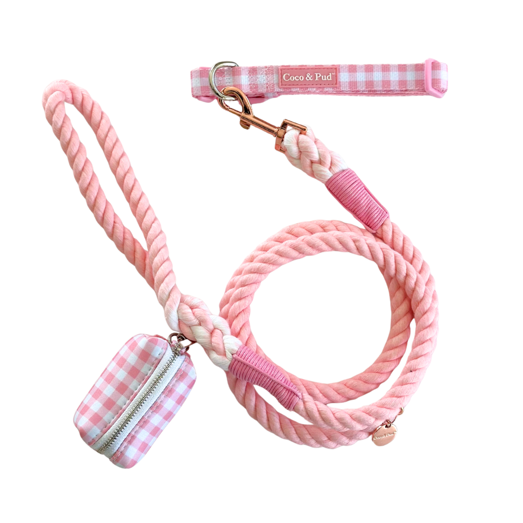 Coco & Pud Gingham Rose Walk Set - a pretty pink and white check dog collar, matching waste bag holder and Rose rope dog lead bundled together to offer savings