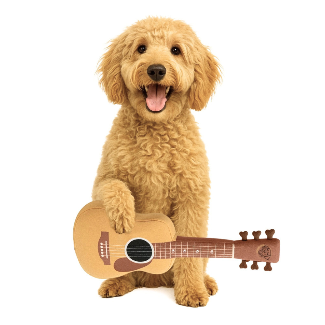 Coco & Pud - Guitar plush dog toy with golden doodle dog sitting and holding a small plush acoustic guitar dog toy - Puproar