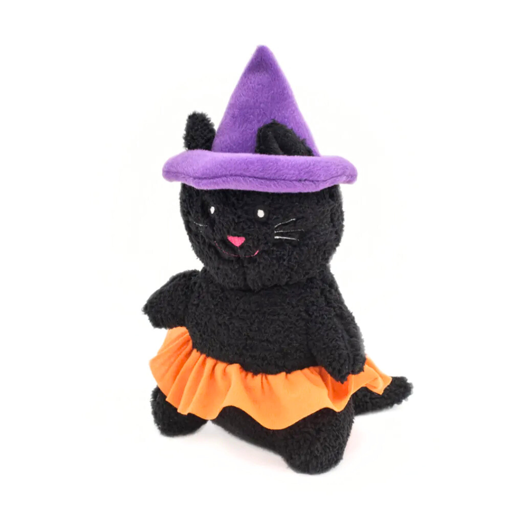 Coco & Pud Halloween Black Cat Witch plush dog toy with a purple witch hat and orange skirt - Zippy Paws