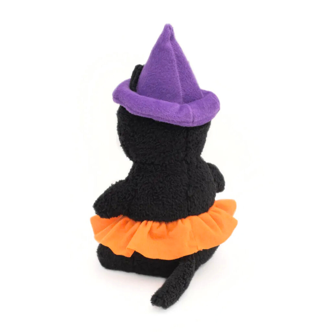 Coco & Pud Halloween Black Witch Cat dog toy with a purple witch hat and orange skirt on a white background - Zippy Paws