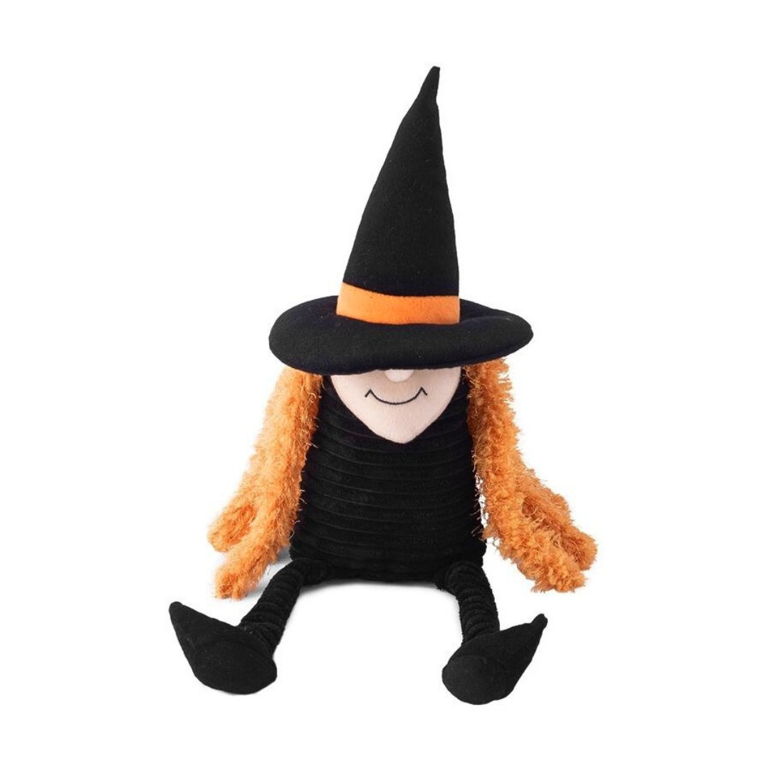 Coco & Pud Halloween Dog Toy witch with black hat, orange hair, and black shoes - Zippy Paws