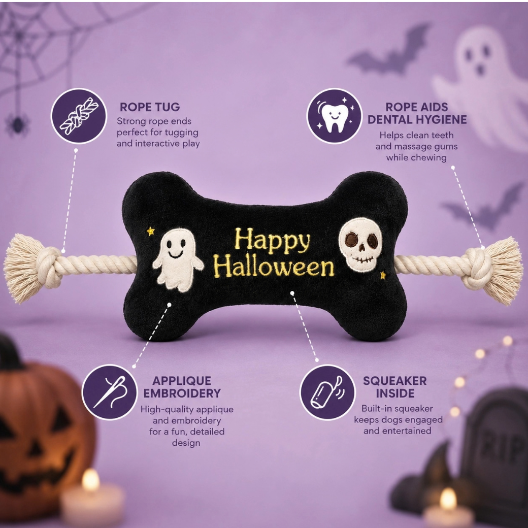 Coco & Pud - Happy Halloween Bone & Rope Dog Toy details - Pet London