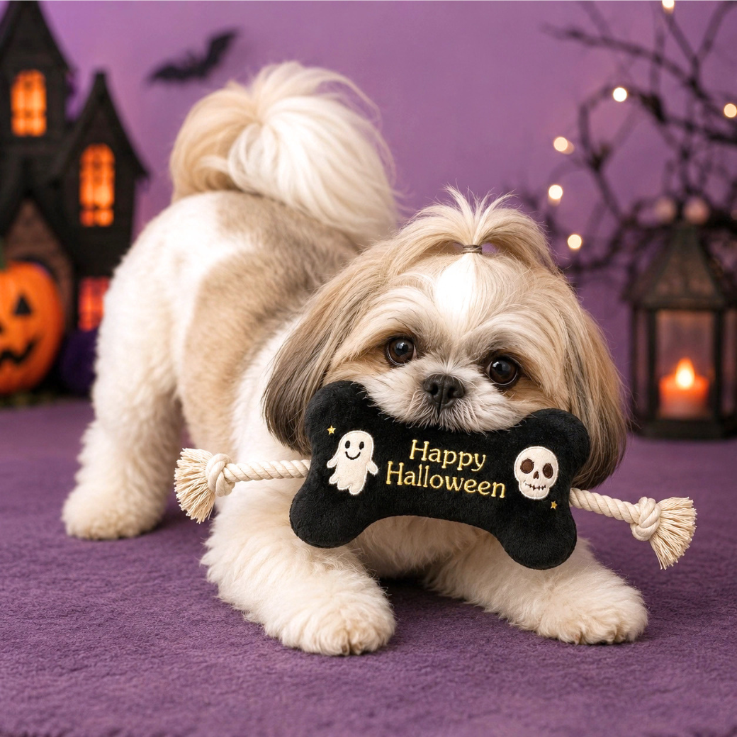 Coco & Pud - Happy Halloween Bone & Rope Dog Toy -A small fluffy dog plays with a black bone-shaped plush toy with rope ends. The toy says “Happy Halloween” in yellow lettering and has white ghost and skull details - Pet London