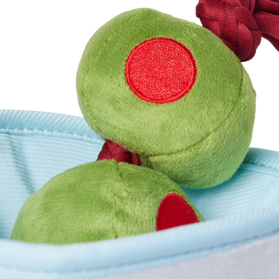 Coco & Pud Olive detail of Happy Hour Martini Dog Toy Barktender Collection - PLAY toys