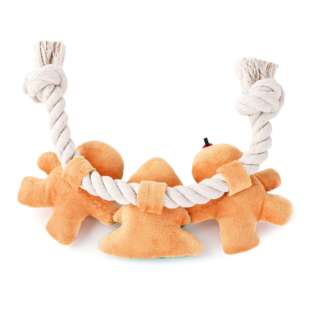 Coco & Pud Happy Woofmas rope dog toy with two gingerbread man and one Christmas tree-shaped dog toys with rope handles reverse side - Hugsmart