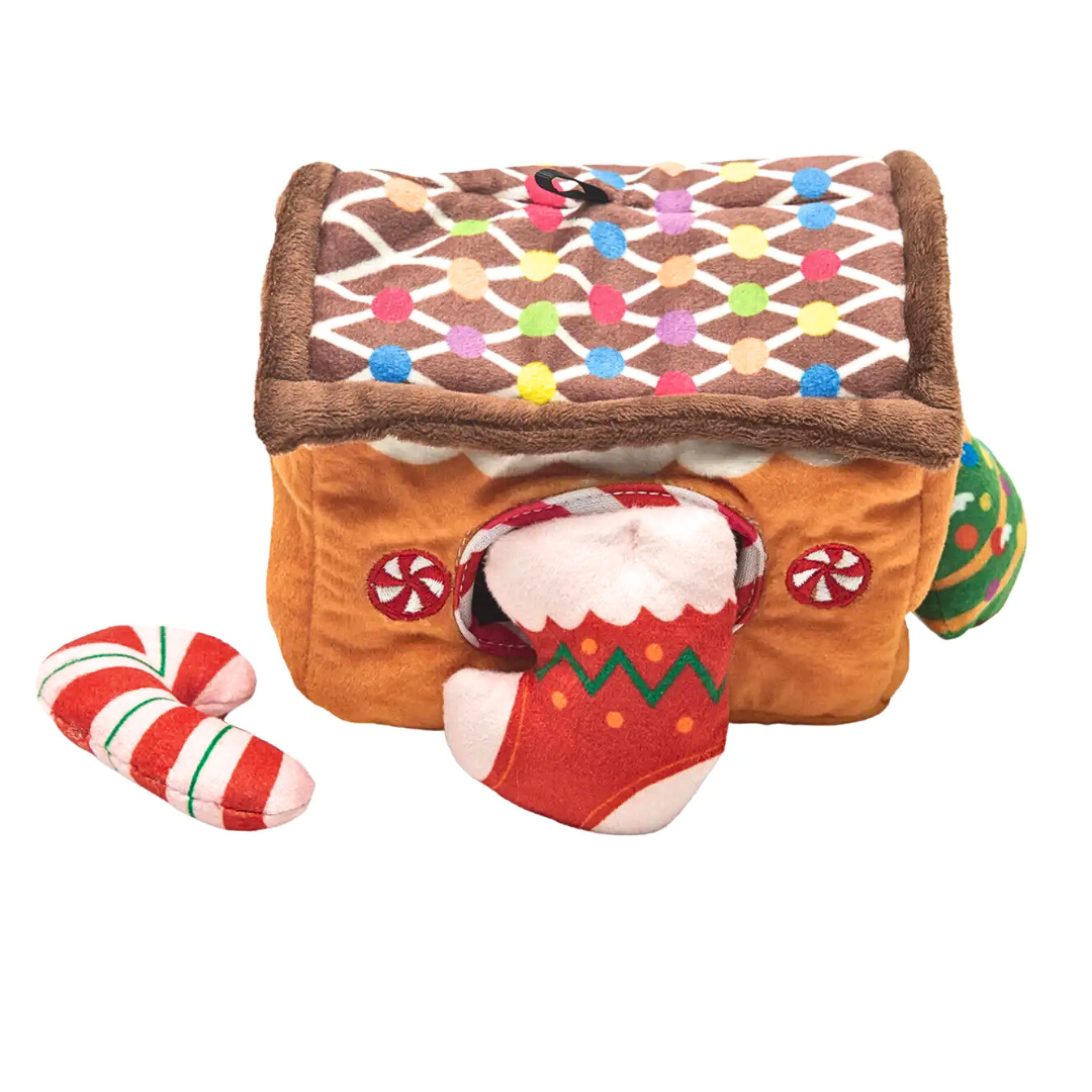 Coco & Pud Hide & Seek Gingerbread house Christmas plush interactive dog toy with candy cane, Christmas stocking and Christmas Tree mini toys inside - Snug Arooz