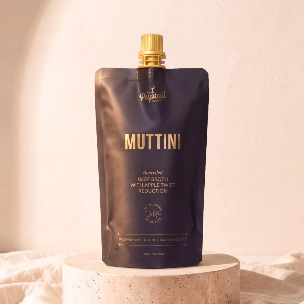 Coco & Pud - A stand-up pouch of Muttini Barrellied Beef Broth with Apple Twist Reduction dog tonic/ mocktail - Puptail Society