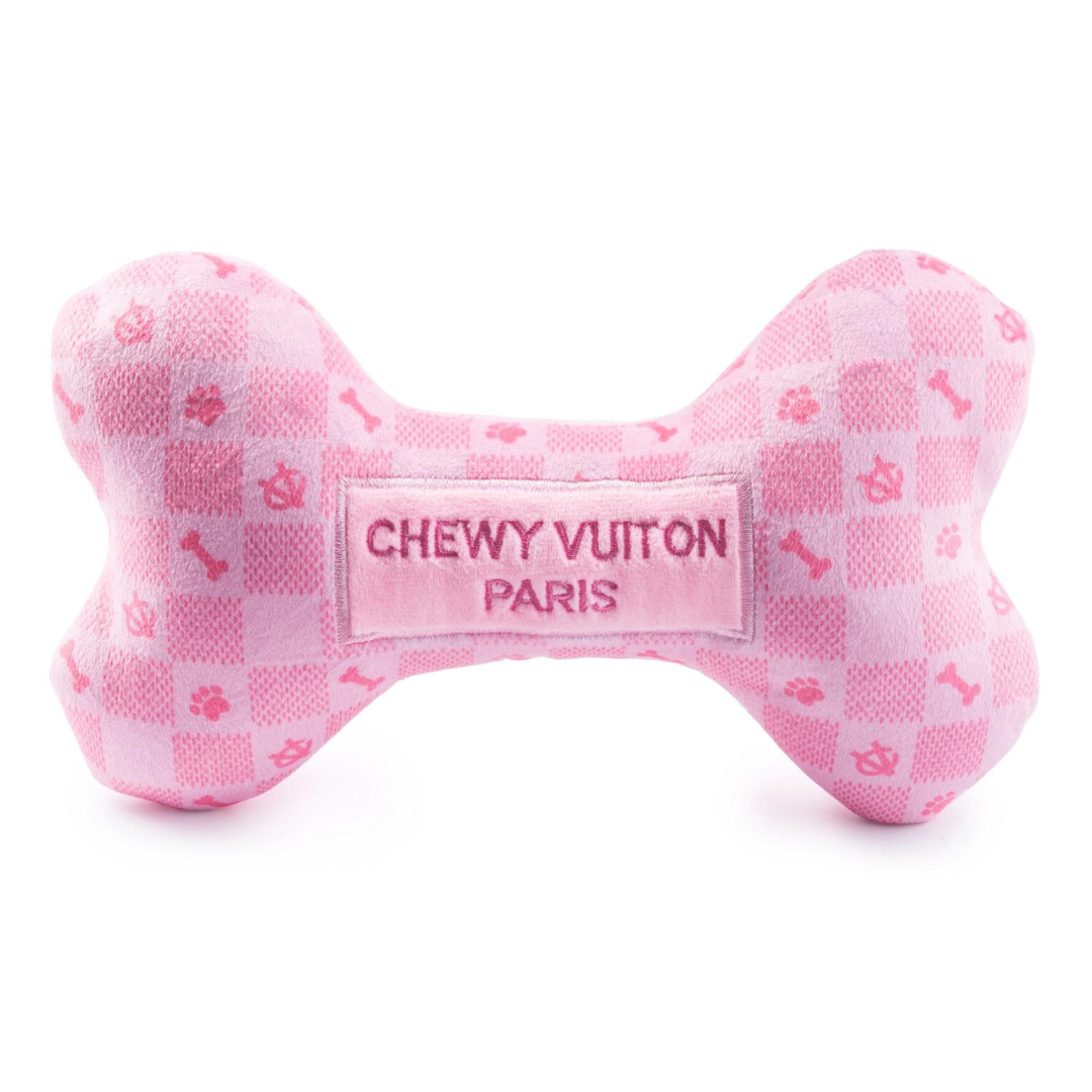Coco & Pud Pink Checker Chewy Vuiton Bone Dog Toy front view - Haute Diggity Dog