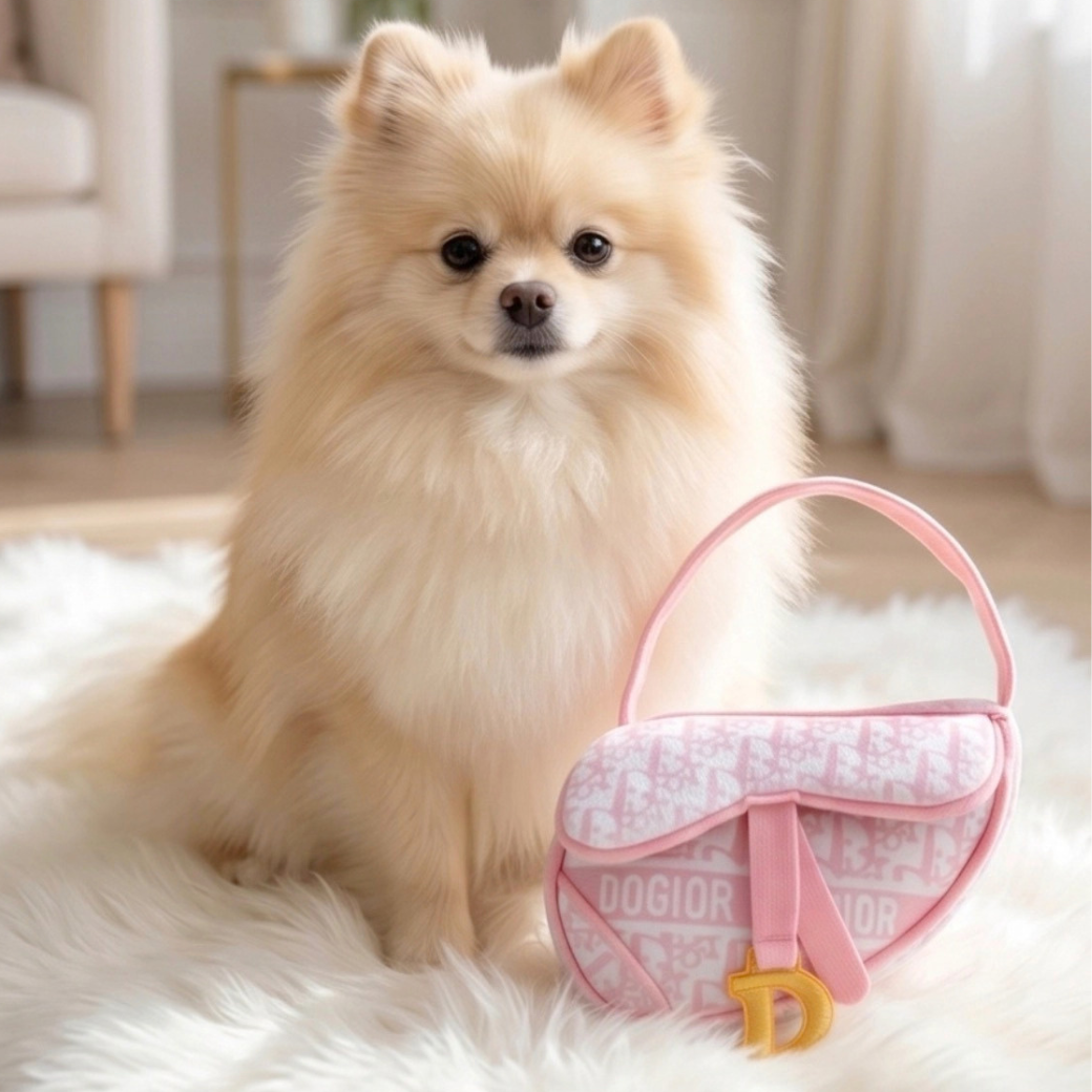 Coco & Pud Pink Dogior Saddlebag Dog Toy with cream coloured fluffy dog standing behind dog toy