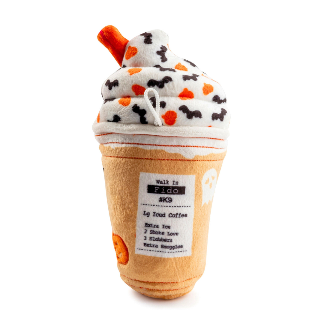 Coco & Pud Pupkin Donut Iced Cup Halloween Dog Toy reverse side featuring ingredients - Haute Diggity Dog