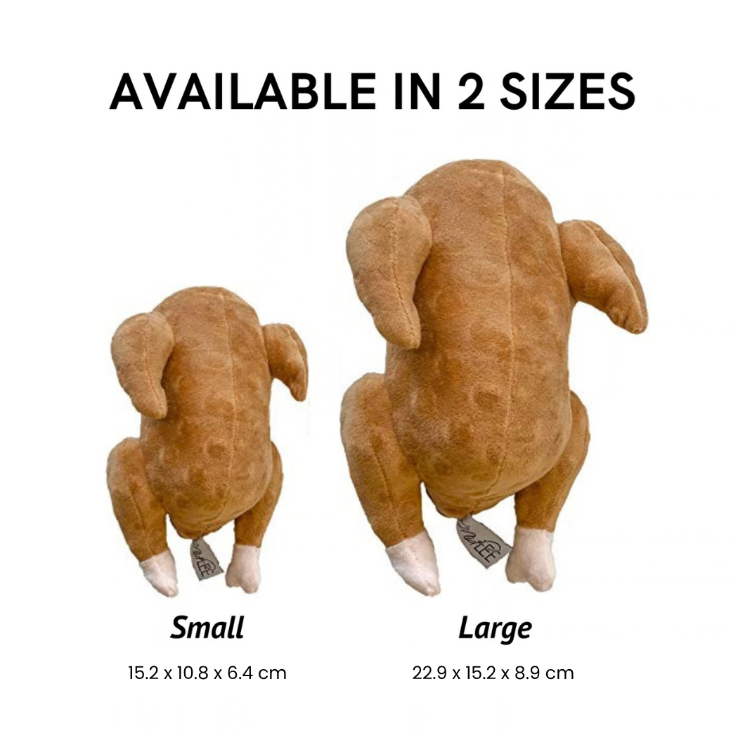Coco & Pud - A plush roast turkey-shaped plush dog toy shown in two sizes labelled Small and Large - Midlee Dsigns