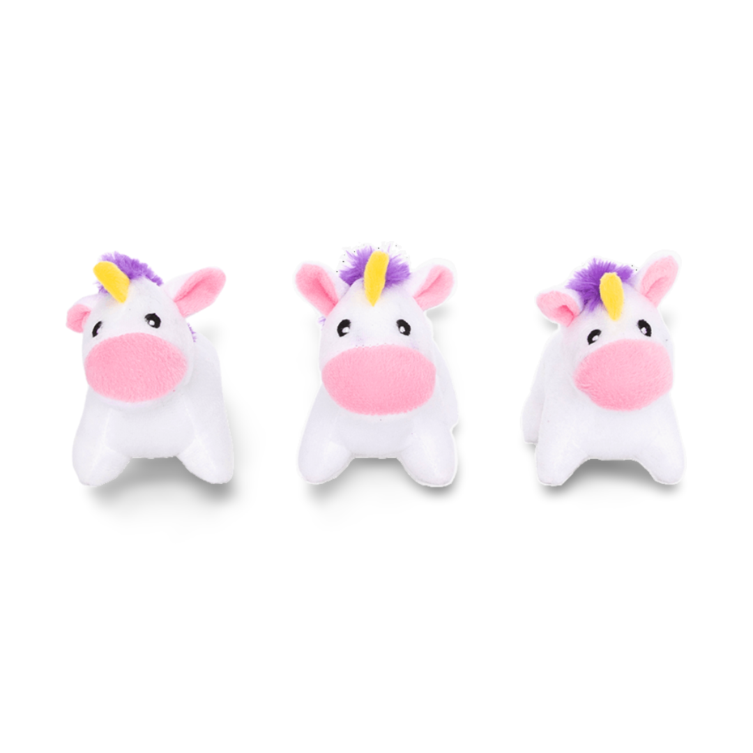 Coco & Pud - Three small unicorn plush  mini dog toys with pink faces and yellow horns -Zippy Paws