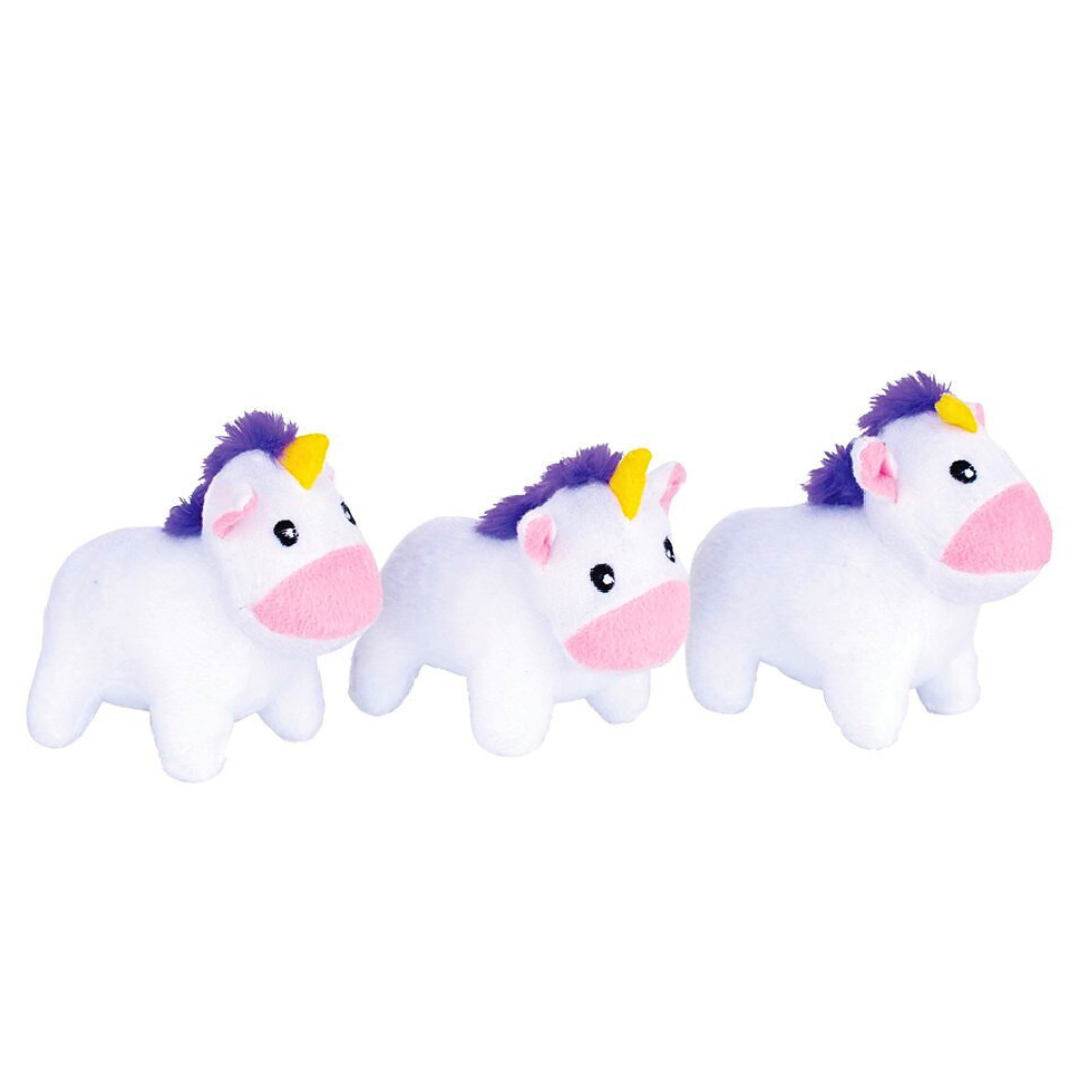 Coco & Pud Three plush unicorn mini dog toys with purple manes and yellow horn -Zippy Paws