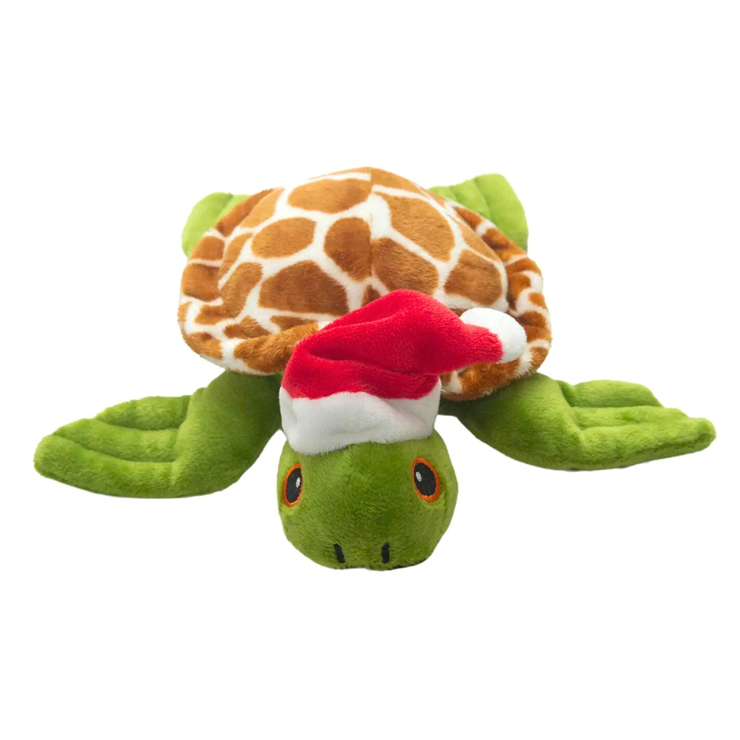 Coco & Pud Shelldon Claus Christmas Dog Toy - a cute plush green turtle dog toy with a red Santa hat front view - Snug Arooz