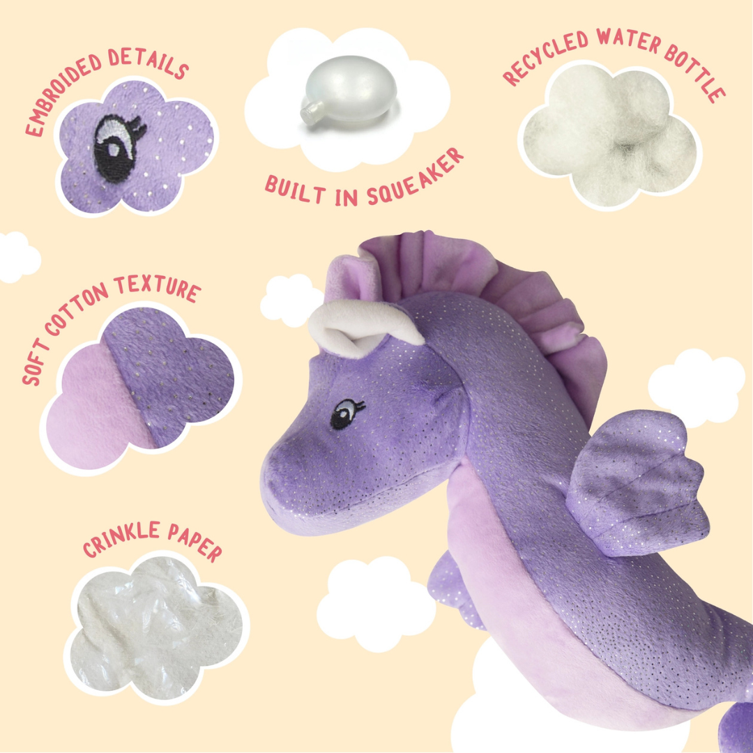 Coco & Pud Shelly The Sea Horse plush Dog Toy details - SnugArooz