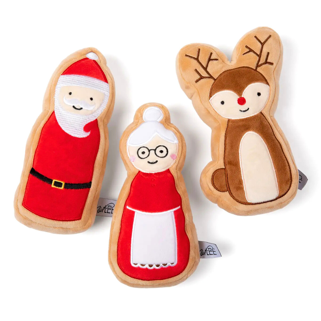 Coco & Pud Vintage Christmas Plush Stick Dog Toys -Pack of 3 plush toys shaped like Santa Claus, a reindeer, and Mrs Claus - Midlee