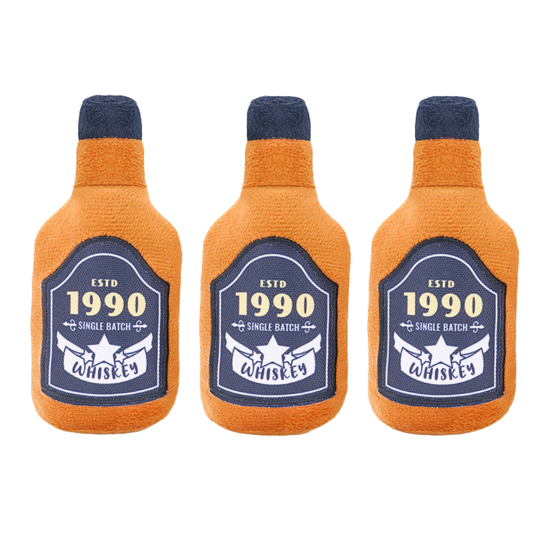 Coco & Pud Whiskey Barrel Dog Toy three orange bottles of 1990 Single Batch Whiskey - Hugsmart