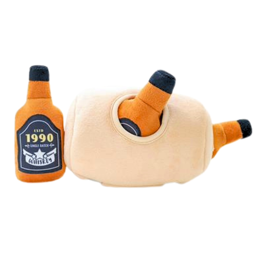 Coco & Pud Whiskey Barrel Dog Toy whiskey barrel showing bottles inside barrel - Hugsmart
