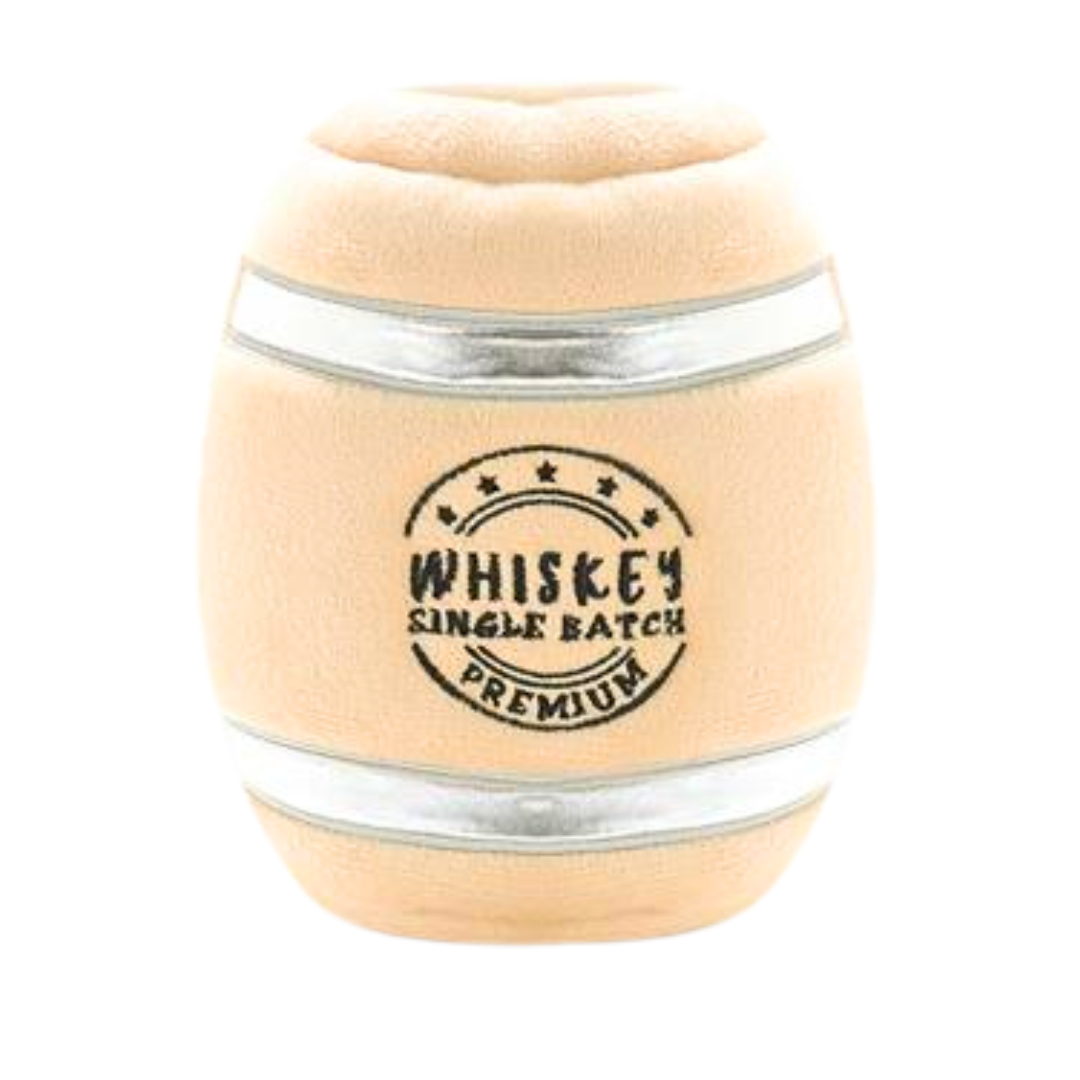 Coco & Pud Whiskey Barrel Dog Toy whiskey barrel without wine. Embroidered detail: Whiskey Single Batch Premium' interactive dog toy