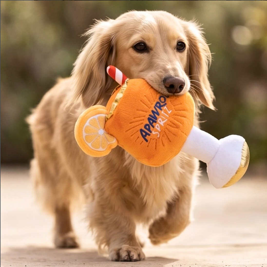 Coco & Pud - Apawrol Spritz plush dog toy being carried by a cream miniature long haired dachshund - Haute Diggity Dog
