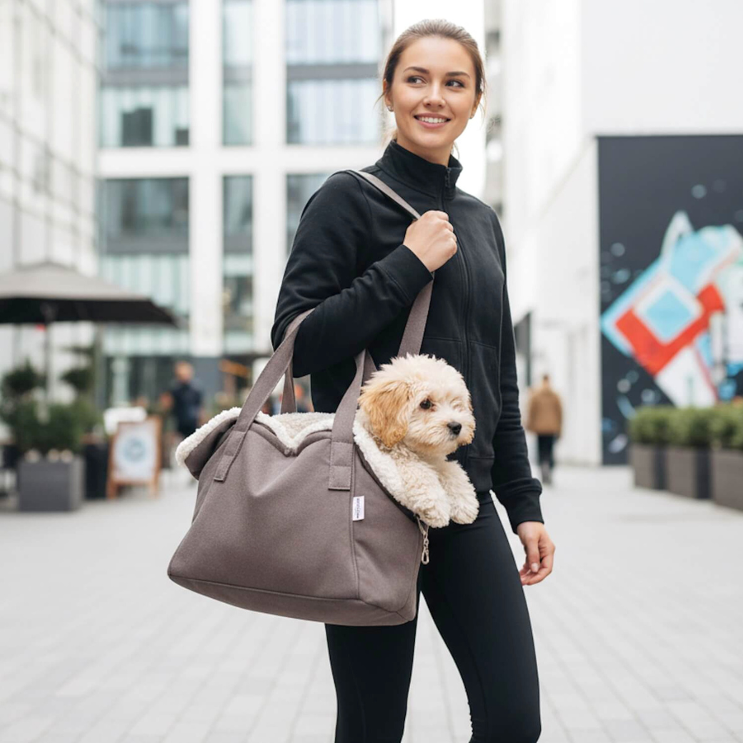 Coco & Pud - Madison Puppy Dog Pet Carrier -A woman in a black outfit carries a small fluffy dog in a grey pet carrier bag with a soft boucle lining - Dogs in the City