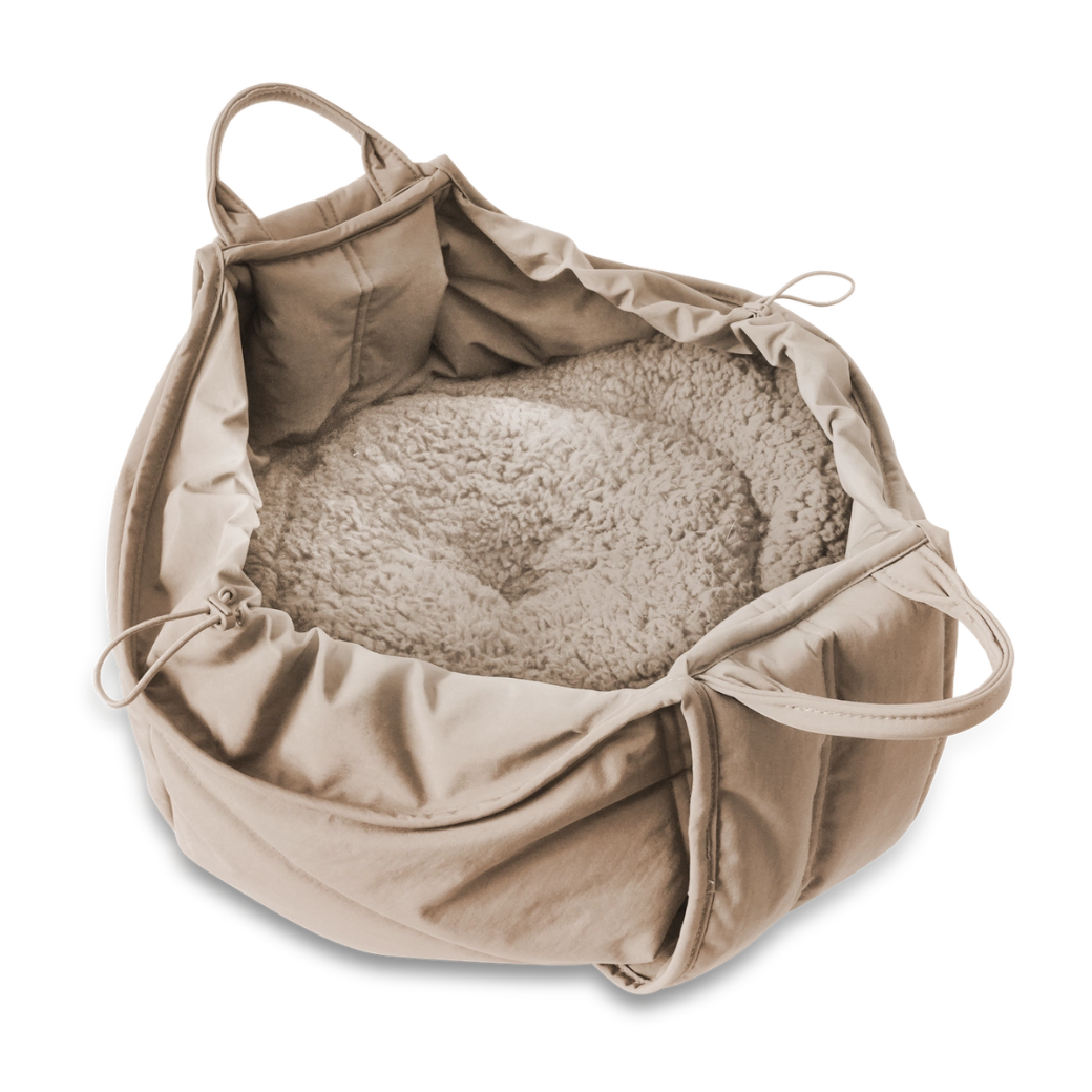 Coco & Pud - Olla soft pet carrier in Camel colour showing reversible inside cushion - Lambwolf Collective