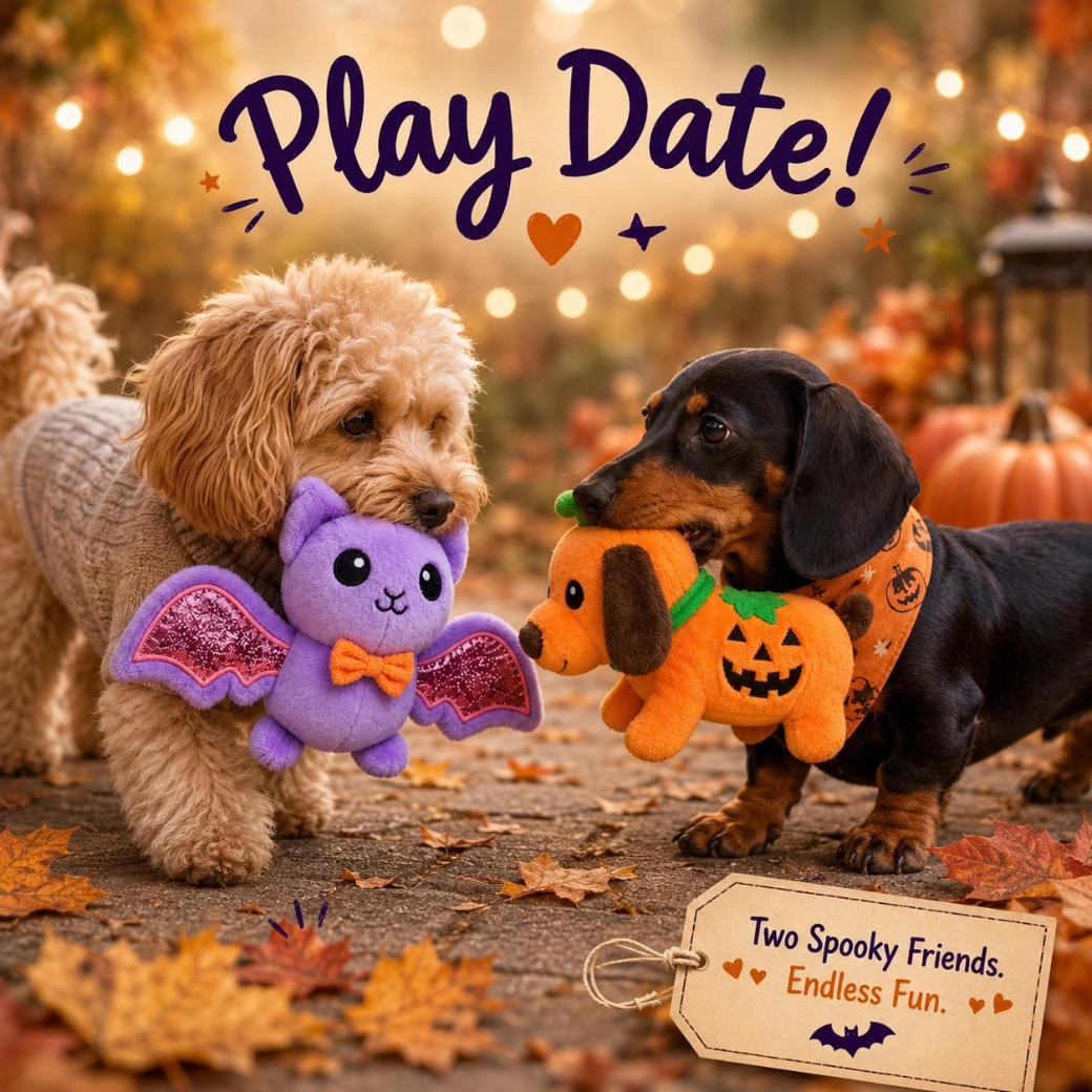 Coco & Pud - Two Spooky Friends Halloween Dog Toys - Two small dogs standing outdoors in an autumn setting, each holding a plush Halloween toy. The dog on the left holds a purple bat toy, and the dog on the right holds an orange pumpkin dog toy - Pet London