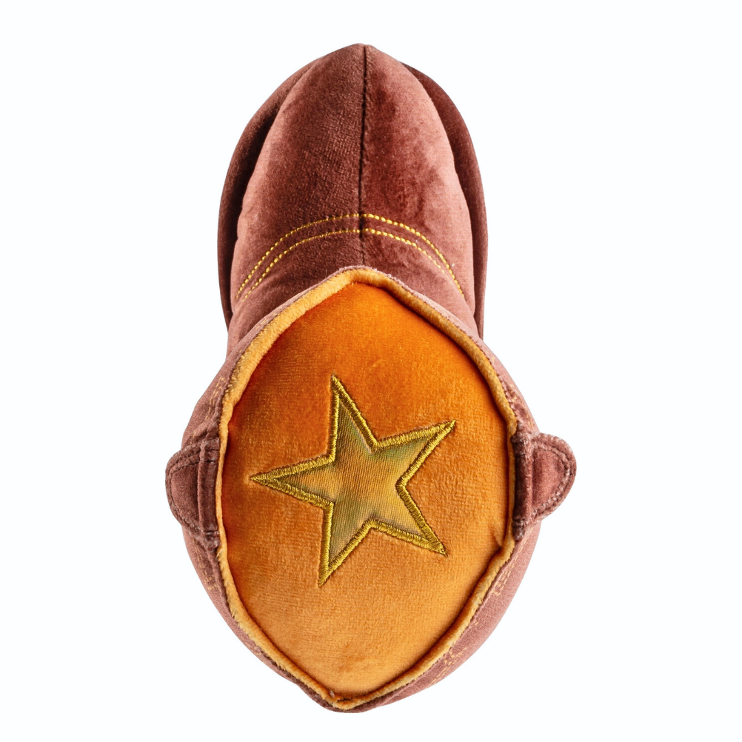 Coco & Pud Brown plush cowboy boot dog toy top view showing gold star - Haute Diggity Dog