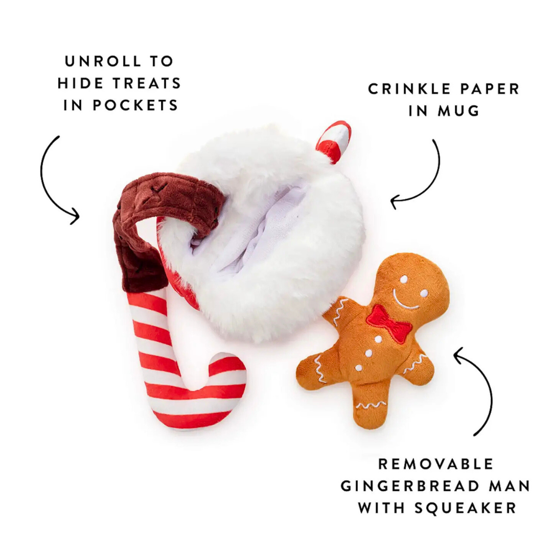 Coco & Pud Christmas Hot Cocoa Interactive Snuffle Dog toy details with removable gingerbread man and instructions on how to use it - The Foggy Dog