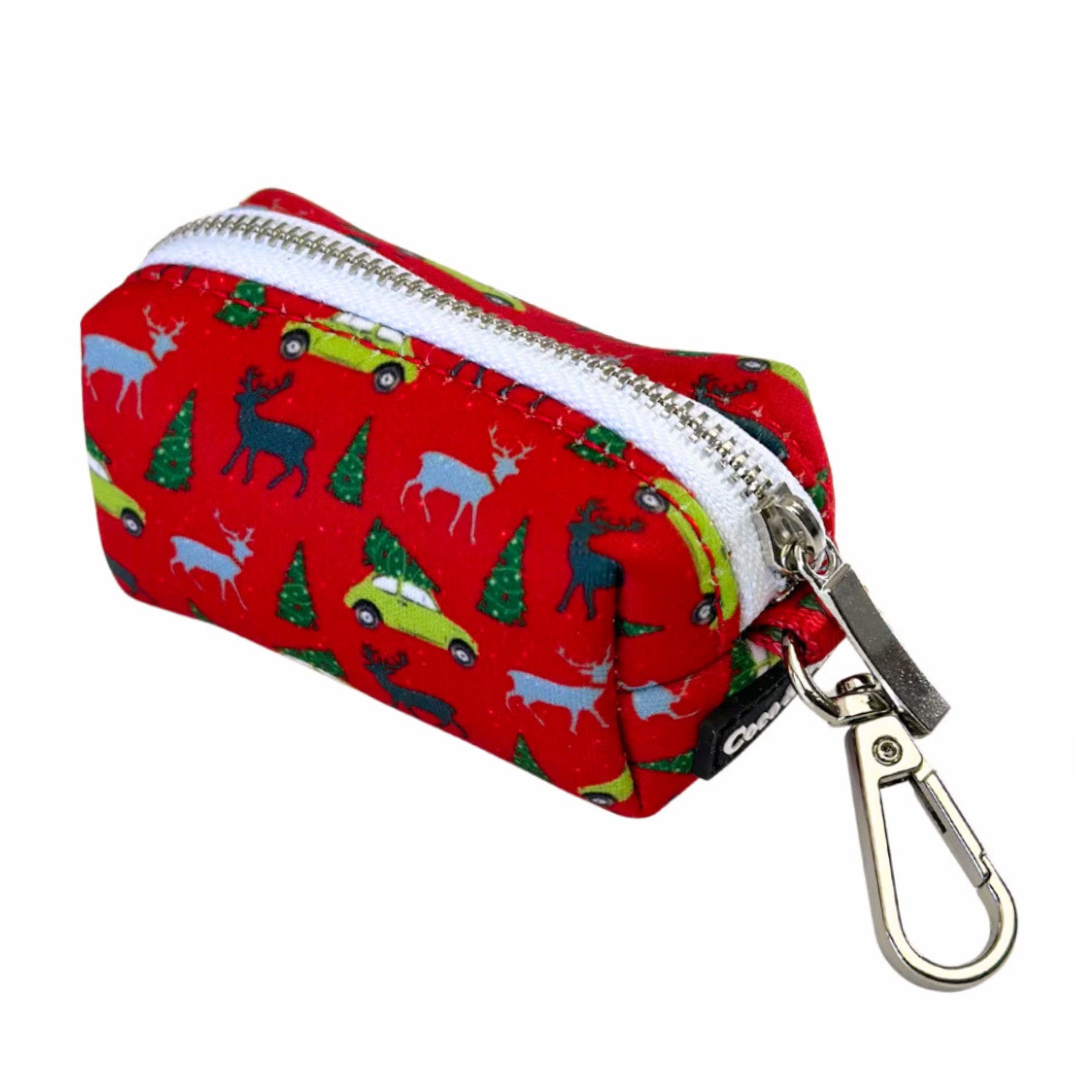 Coco & Pud Deck The Paws Christmas Waste Bag - Christmas red poo bag holder with Christmas Trees, reindeers and cars with Christmas trees on top with zipper.