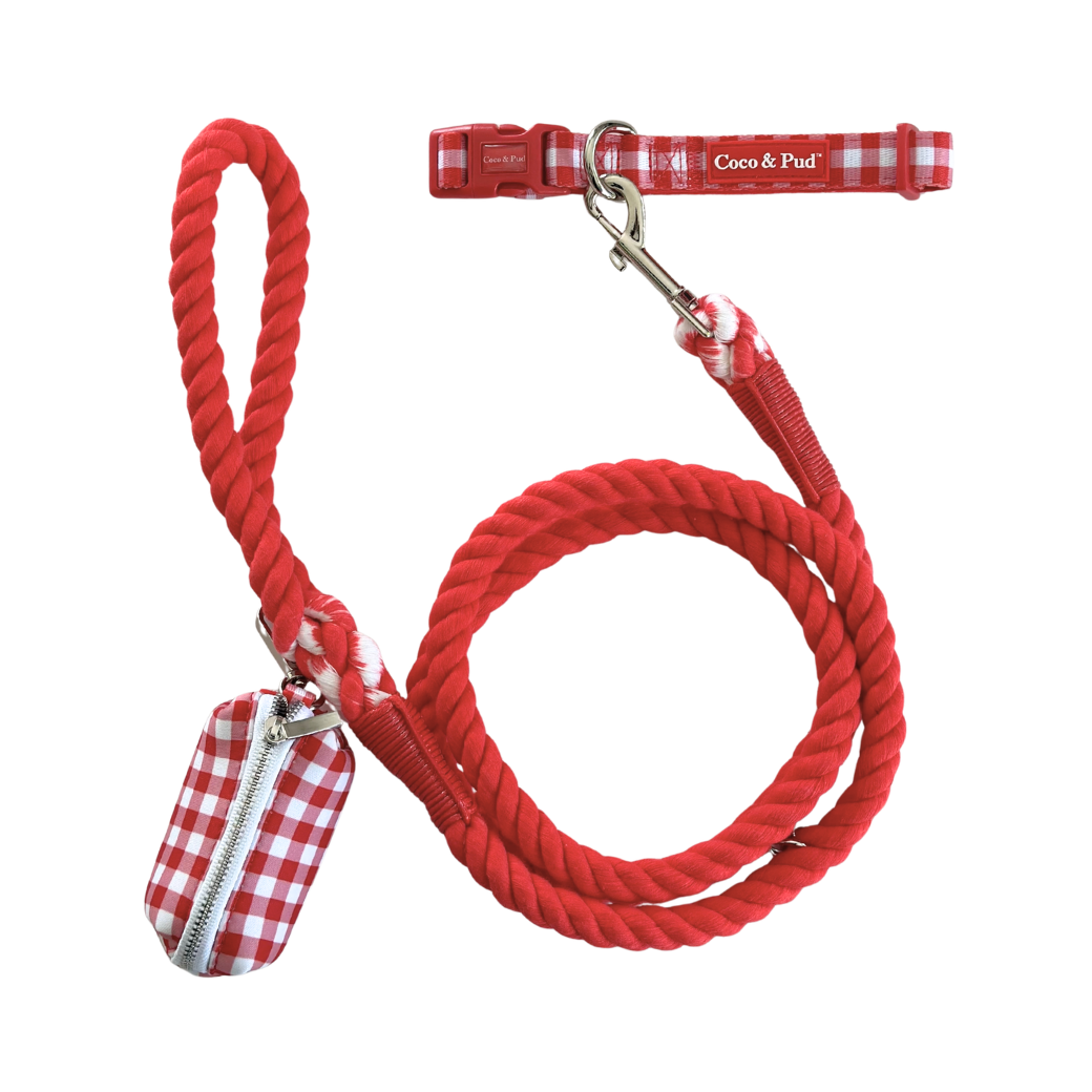 Coco & Pud Gingham Red Collar Walk Set