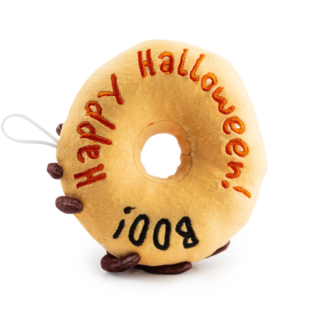 Coco & Pud Halloween Spider Donut Dog Toy reverse side with BOO! Happy Halloween embroidered - Haute Diggity Dog