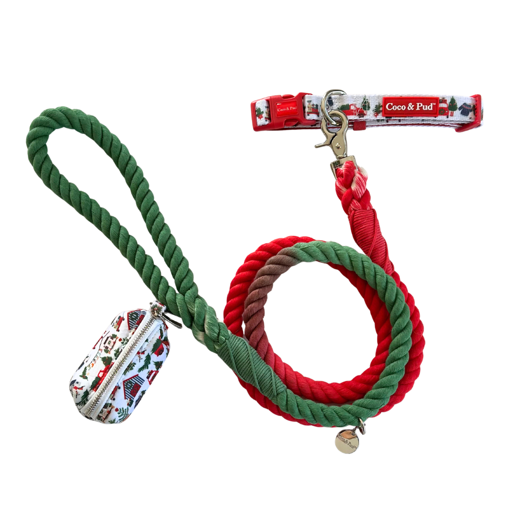 Coco & Pud - Home For Christmas Walk Set, a Home For Christmas Dog Collar and Waste Bag Holder with a red/ green graded rope lead