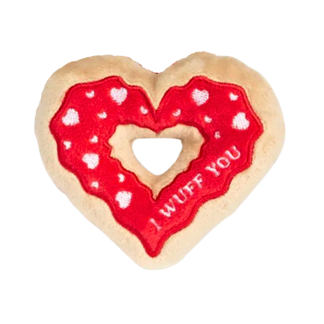 Coco & Pud Heart Donut Valentine's day Dog Toy with red icing and white hearts - Fuzzyard