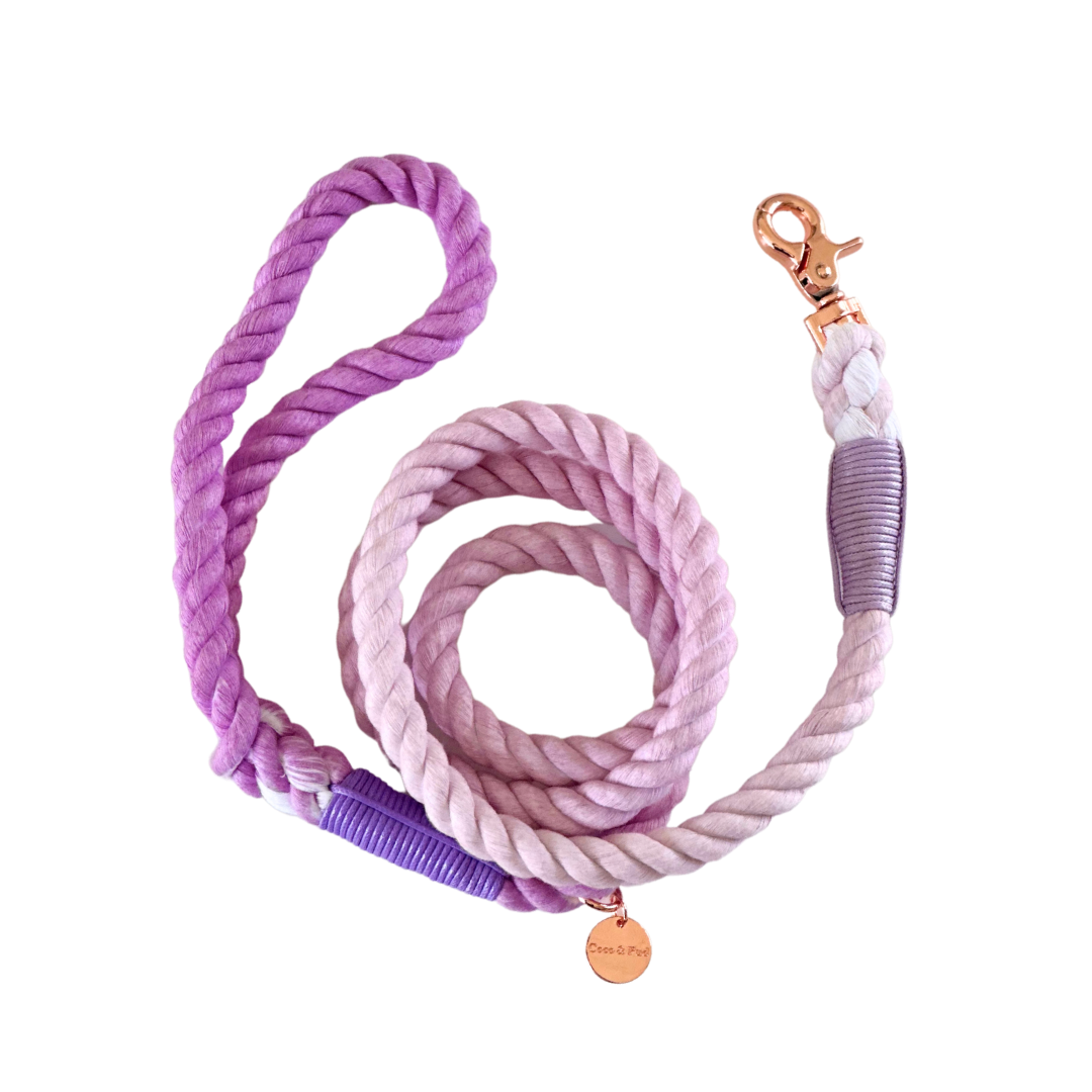 Coco & Pud Lilac Rope lead. A gradient purple and pink dog leash with a rose gold buckle
